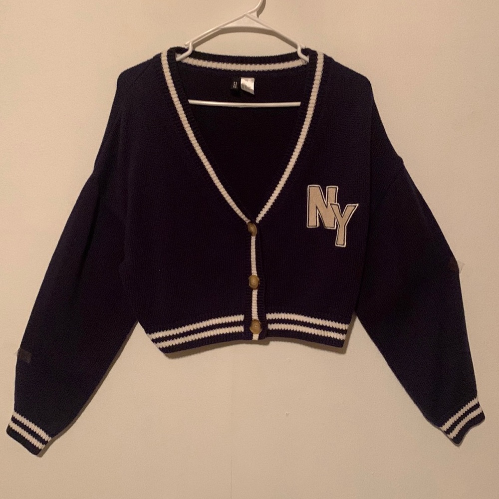 Divided Navy Blue Cropped Cardigan with White Trim and NY Patch